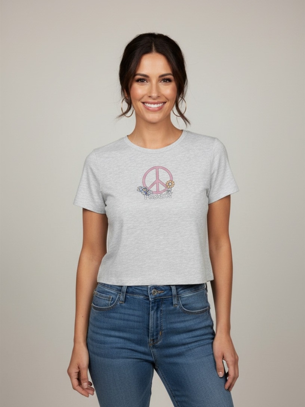 Cotton On Light Gray Cropped Tee with Pink Peace Sign
